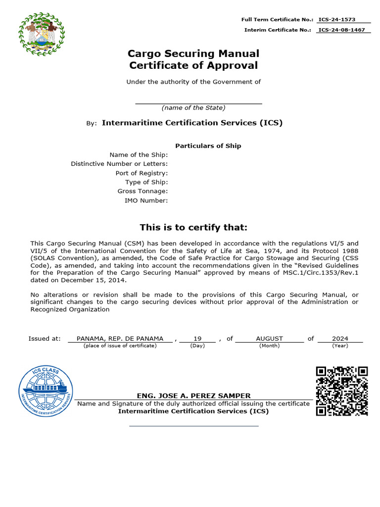 Cargo Securing Manual Approval Certificate | PDF | Water Transport ...