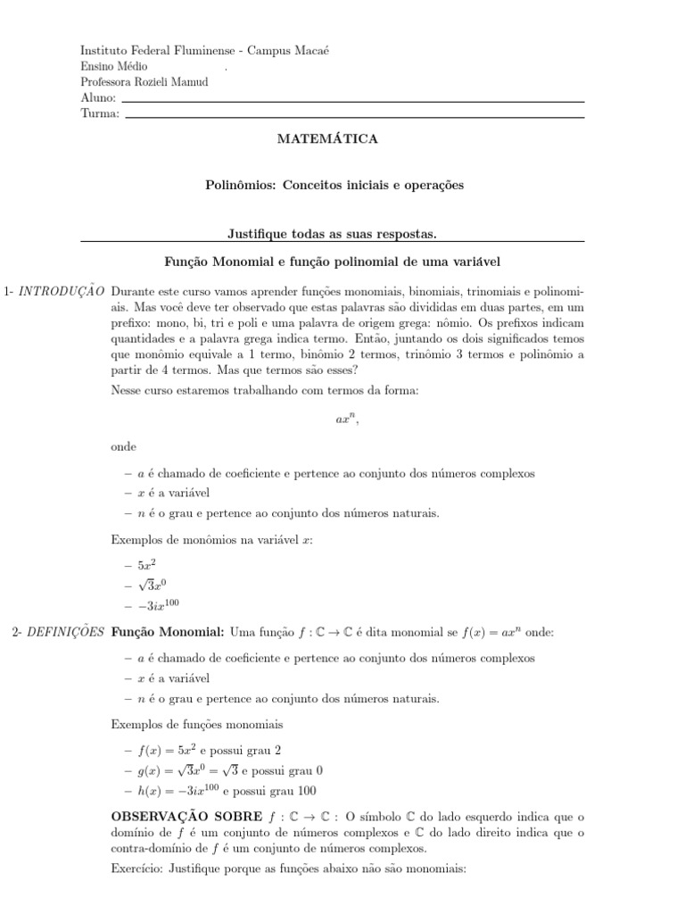 Texto 1 - Polinômios Conceitos Iniciais e Operações | PDF | Polinomial ...