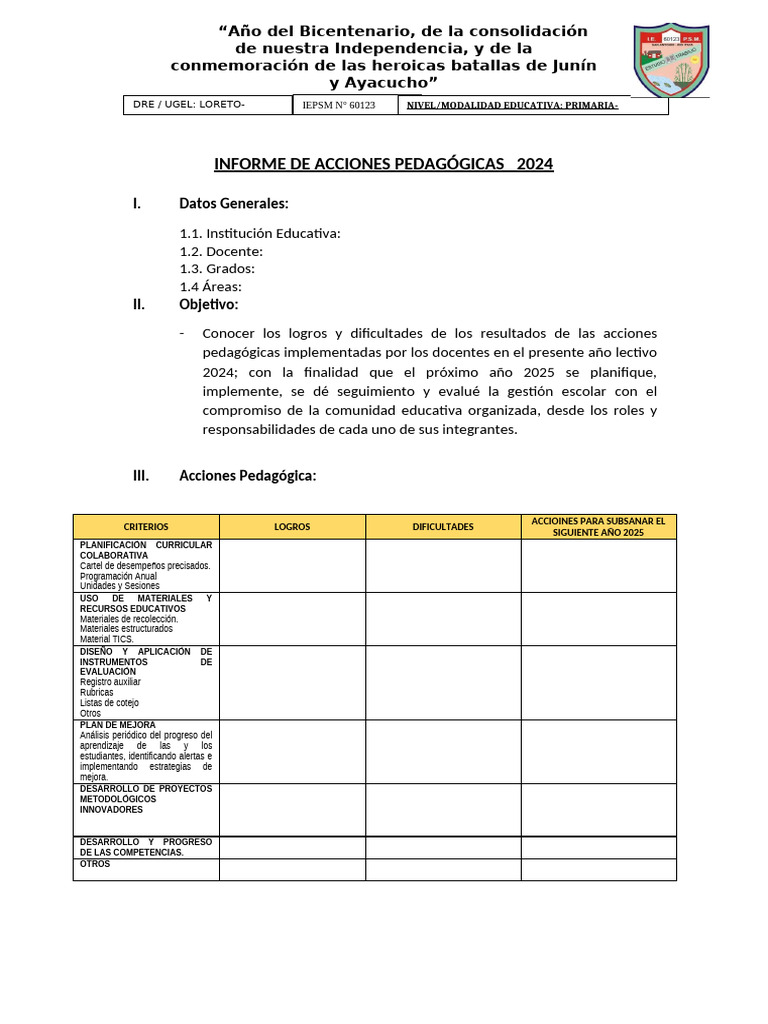 Informe de Acciones Pedagógicas 2024 | PDF | Aprendizaje | Modificación ...