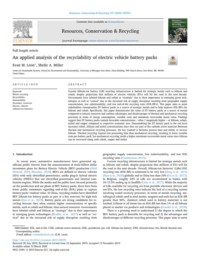An Applied Analysis of The Recyclability of Electric Vehicle Battery ...