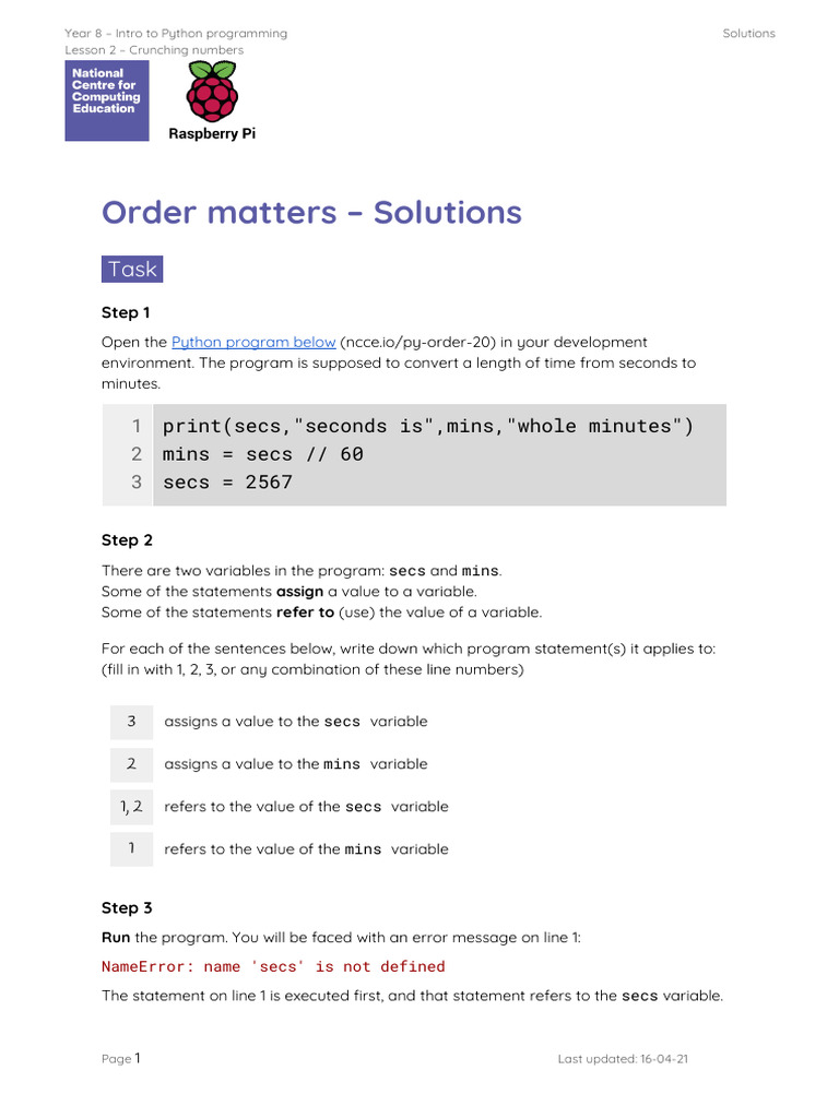 Python Lesson: Fixing Order Errors | PDF