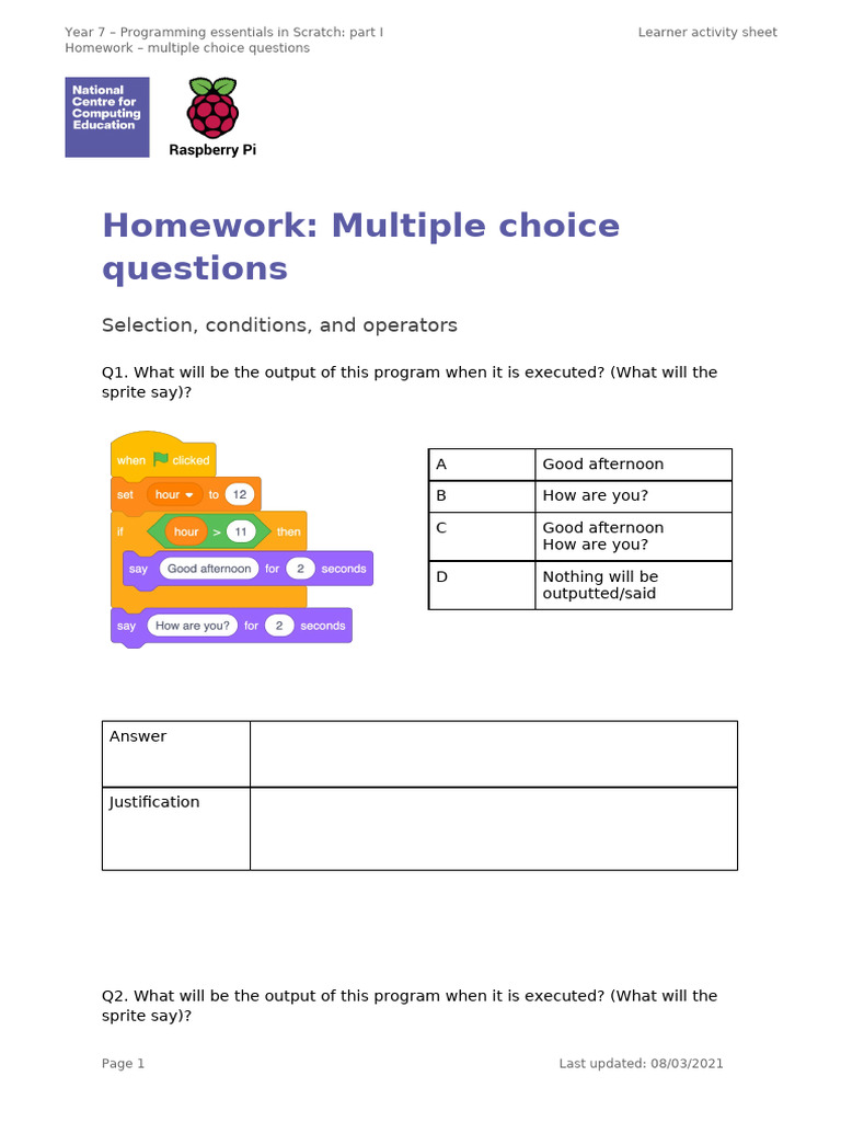 L5 Homework – Programming essentials in Scratch_ part I – Y7 | PDF