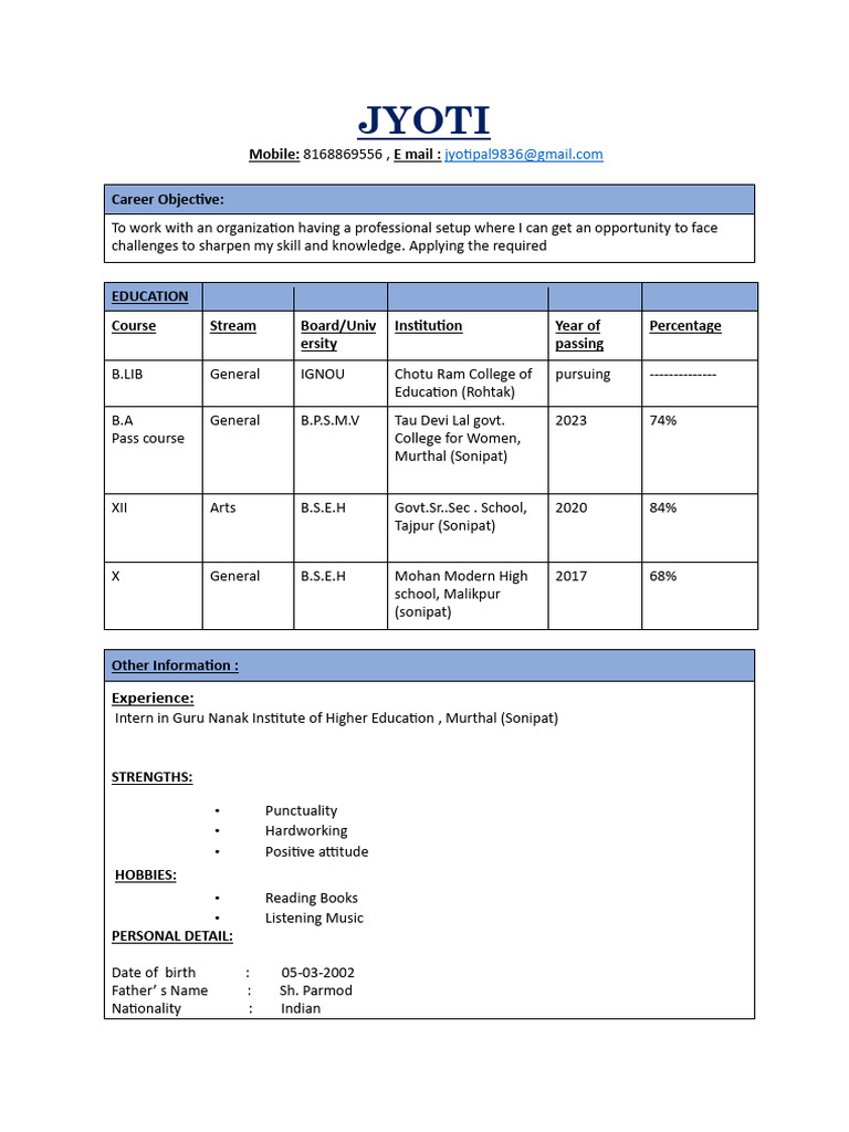 Resume of Jyoti - Education & Skills | PDF