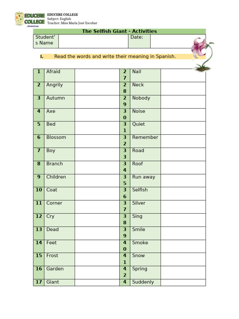 Selfish Giant Activities Worksheet | PDF | The Happy Prince And Other Tales