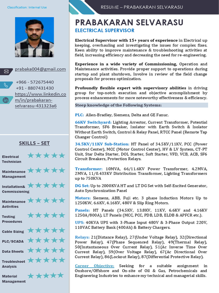 CV of Prabakaran Selvarasu | PDF | Electrical Substation | Transformer