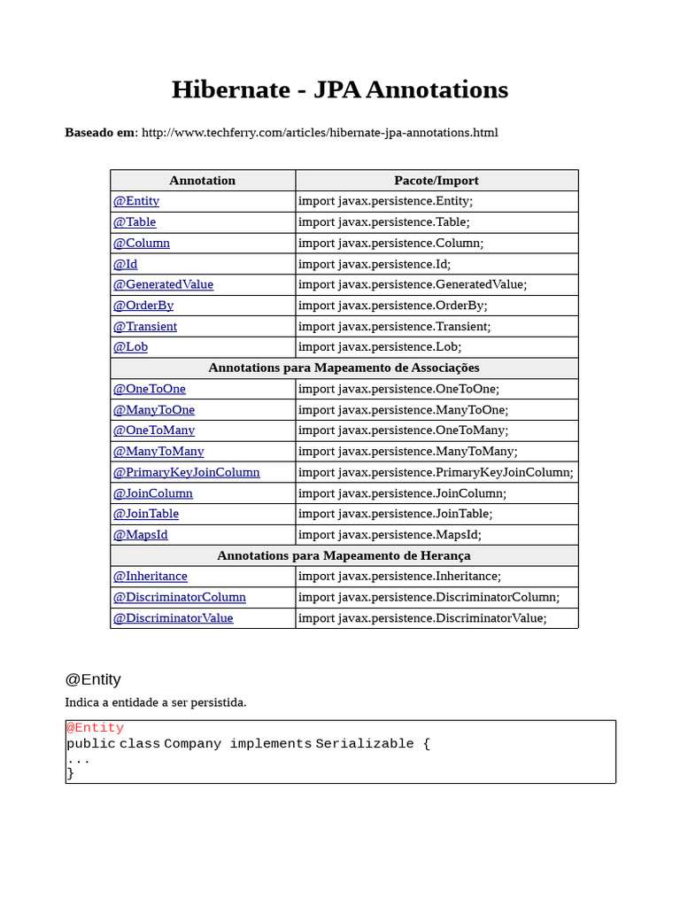 Anotações JPA no Hibernate | PDF | Tabela (banco de dados) | Classe ...
