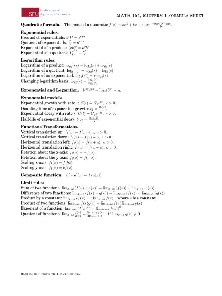 MATH 154 Midterm Formula Sheet | PDF | Complex Analysis | Functions And ...