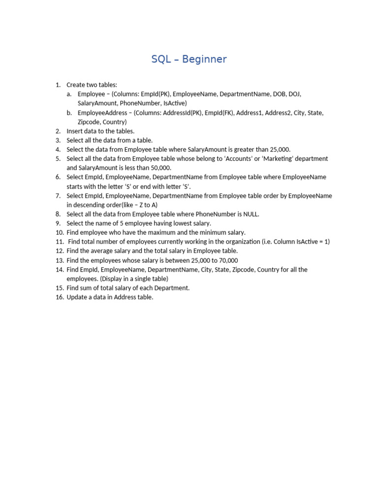 SQL questions for Beginner | PDF