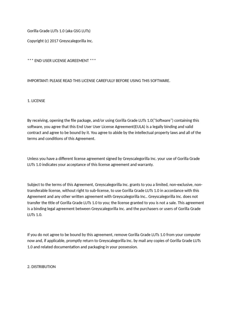 Gorilla Grade LUTs EULA | PDF | License | Private Law