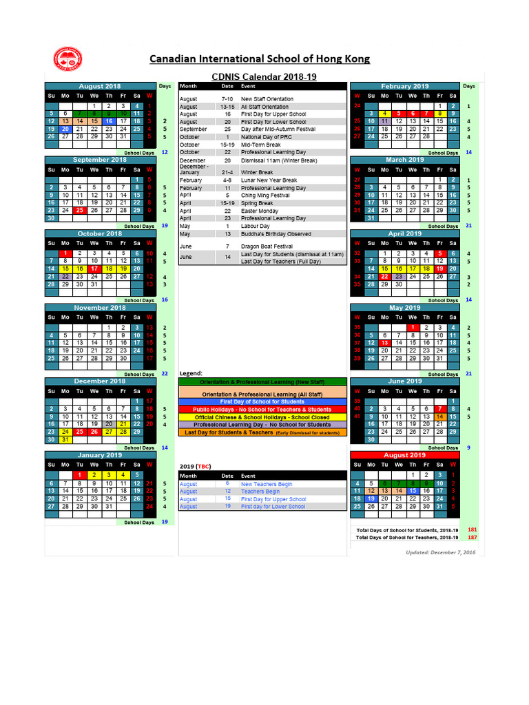 2018-19 CDNIS Calendar | PDF | Holidays | Observances