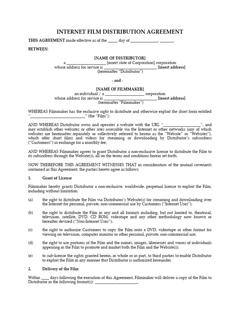 Internet Film Distribution Agreement | PDF | Streaming Media | Internet