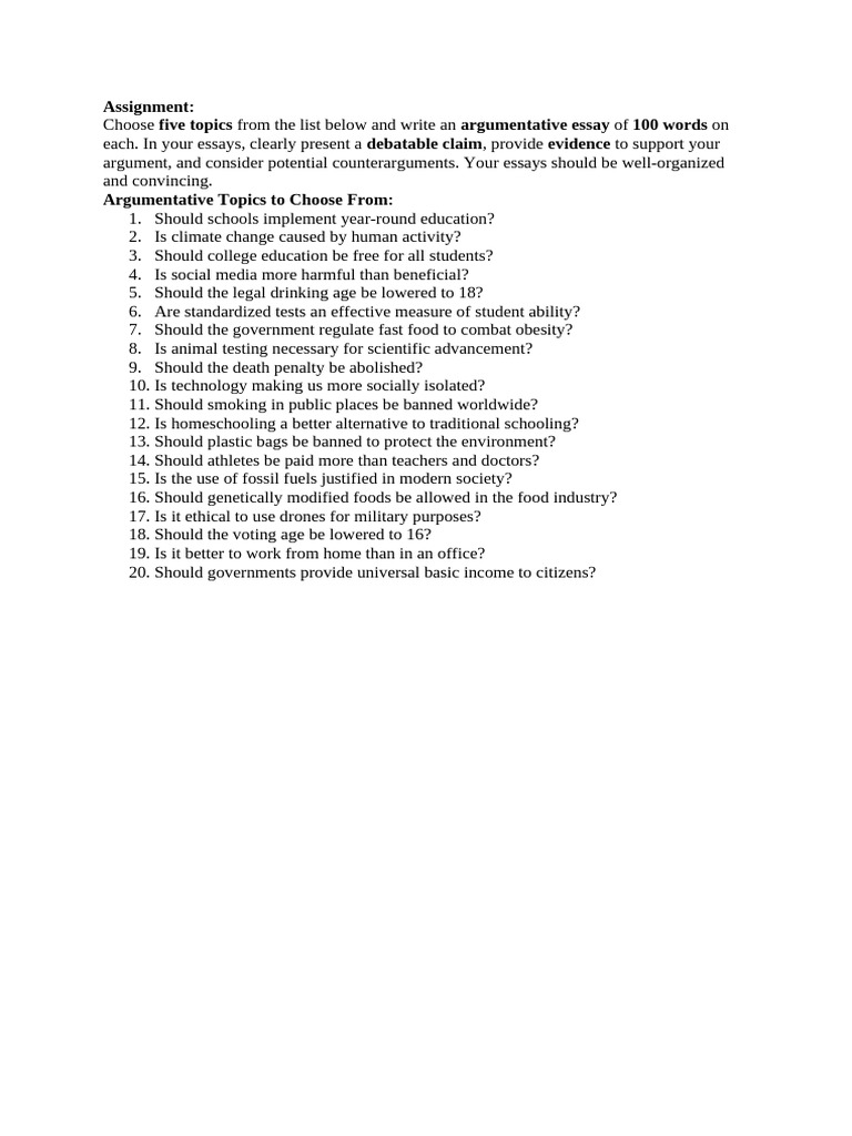Assignment: Five Topics Argumentative Essay 100 Words Debatable Claim ...