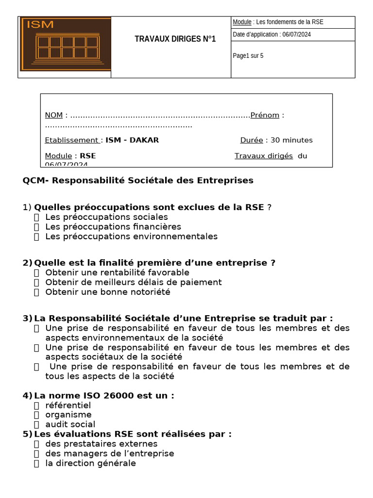 Fondements de la RSE : QCM et Normes | PDF | Responsabilité sociétale ...