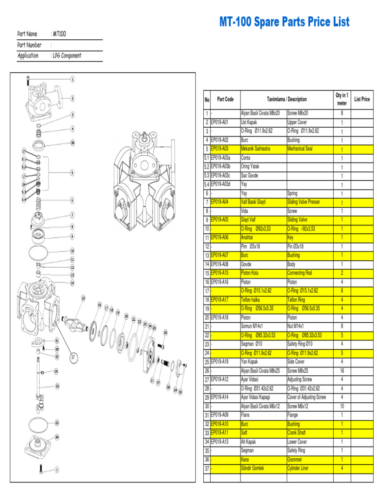 Misuratore LPG Mt100a Spare Parts | PDF | Piston | Propulsion