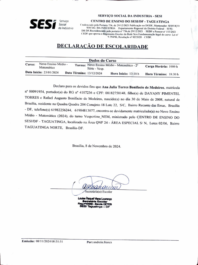 Declaração de Escolaridade | PDF