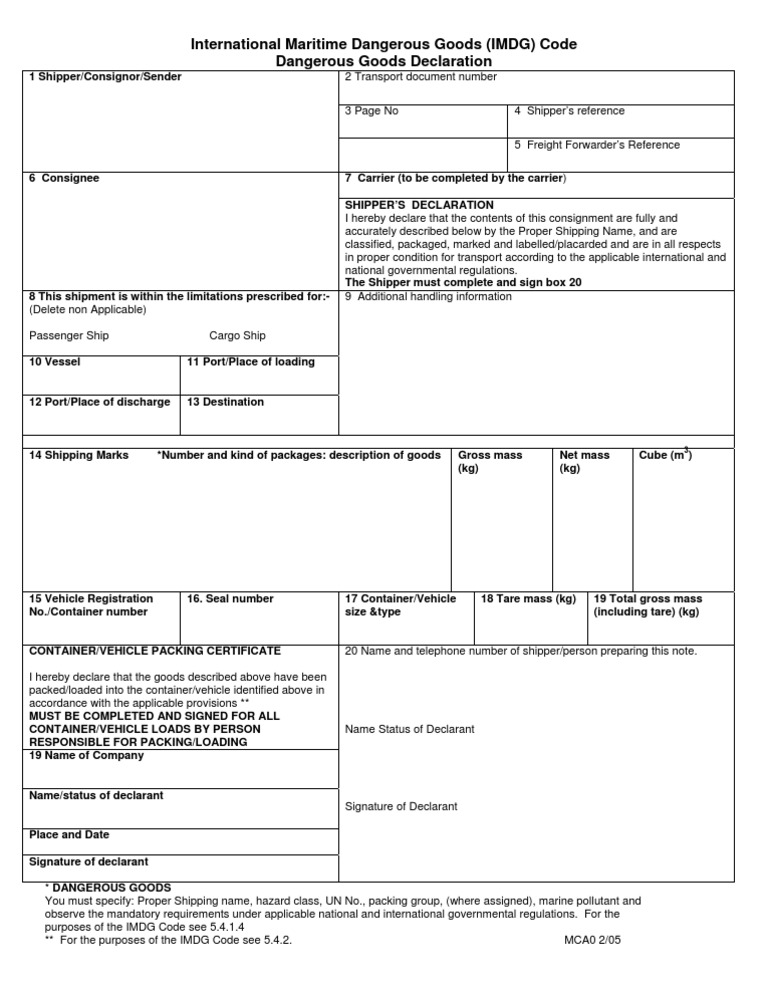 IMDG Code Dangerous Goods Declaration | PDF | Cargo | Dangerous Goods