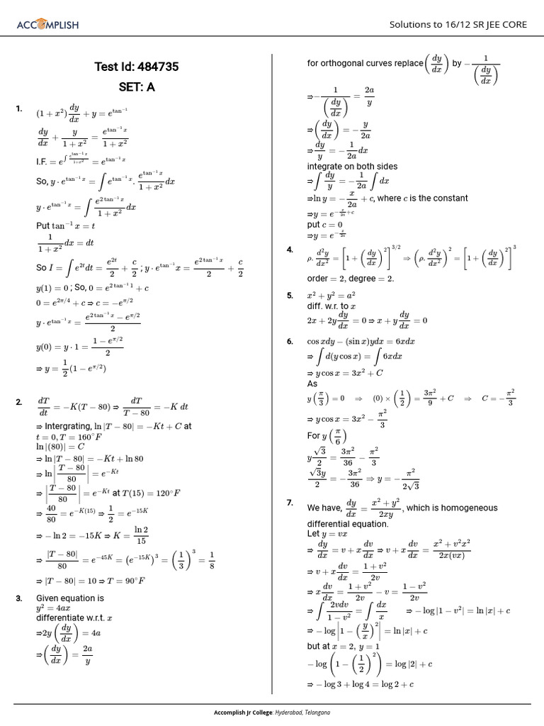 Differential Equations Solutions Guide | PDF | Motion (Physics ...
