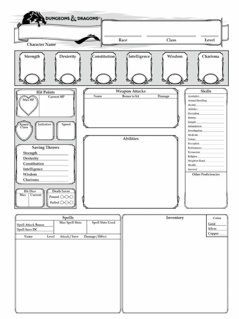 5e Character Sheet Minimal - Form Fillable | PDF