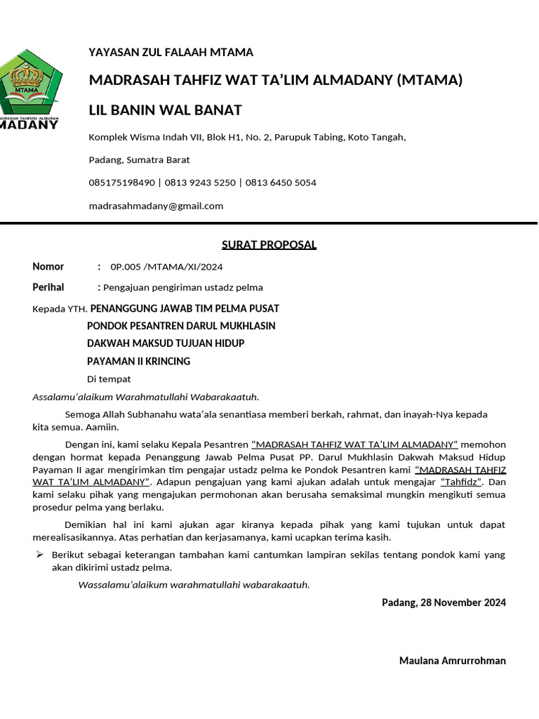 Pengajuan Ustadz Pelma untuk MTAMA | PDF
