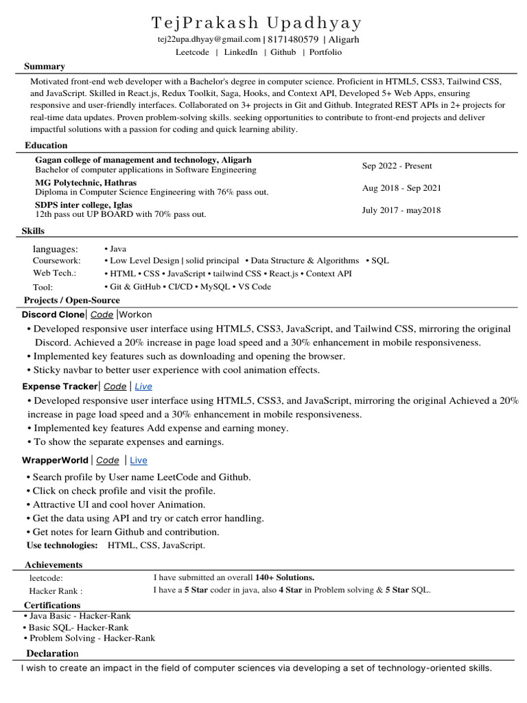 Web Tej's Resume | PDF | Java Script | Html5