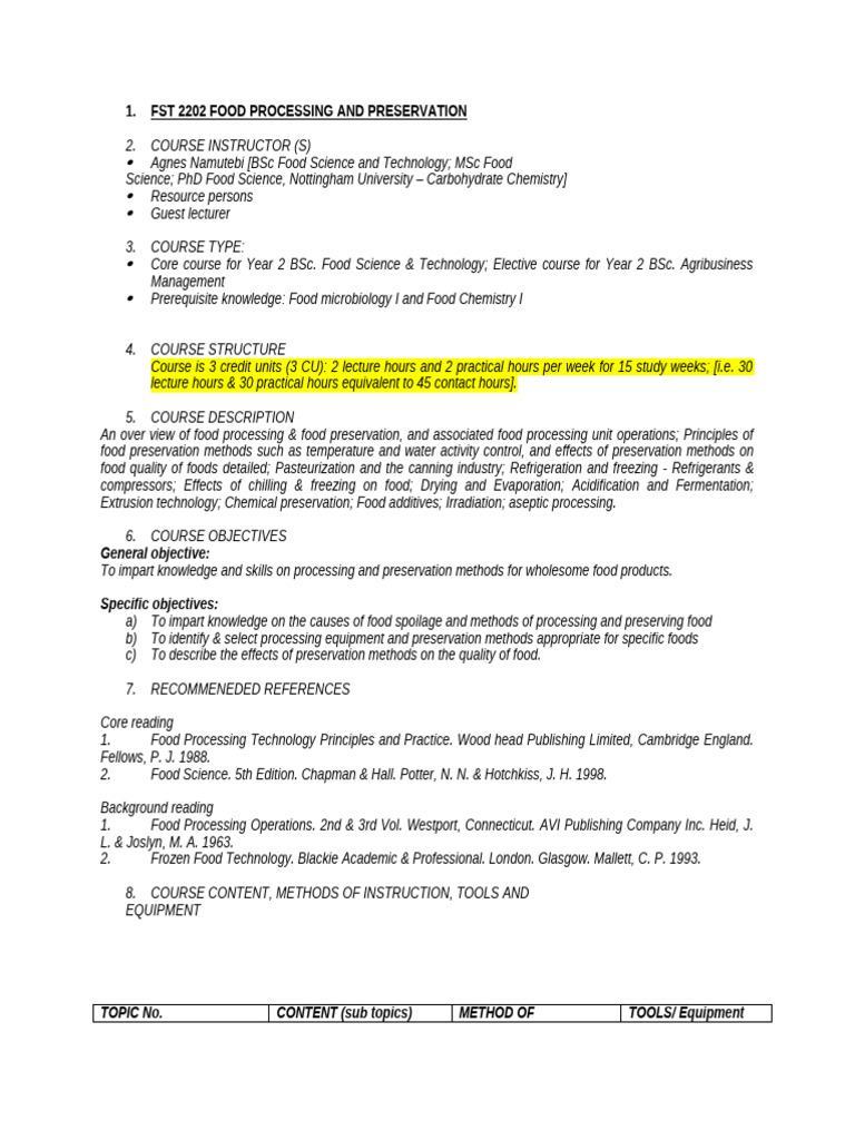 Food Processing and Preservation Course | PDF | Food Preservation ...