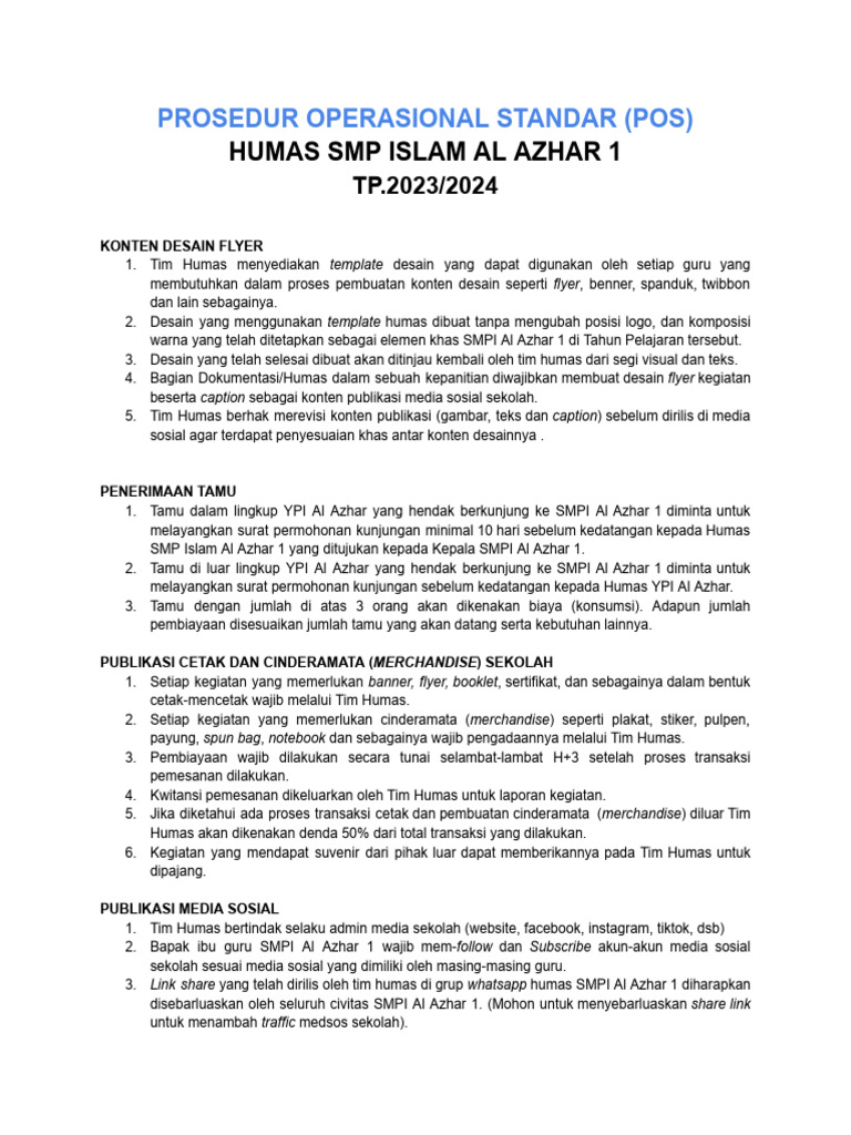 SOP Humas SMP Islam Al Azhar 1 | PDF