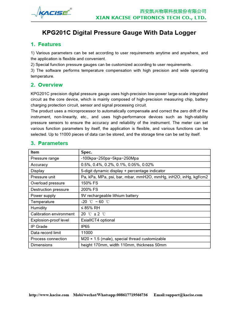 KPG201C Digital Pressure Gauge Overview | PDF | Pressure Measurement ...