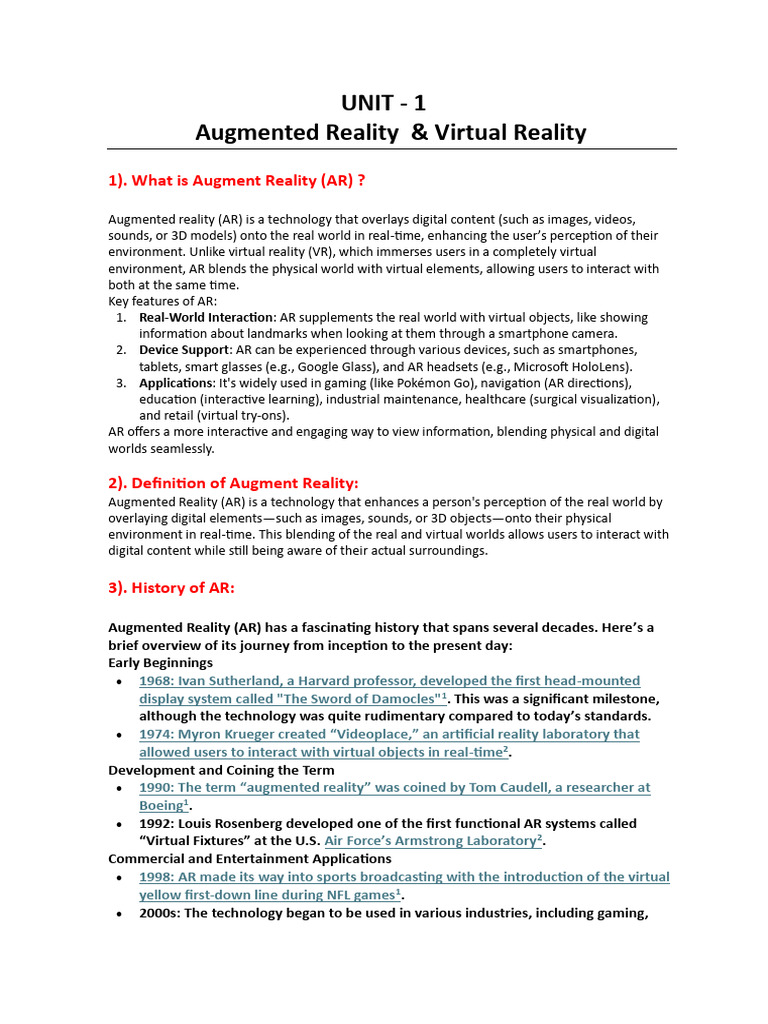 UNIT - 1 (AR & VR Notes) | PDF | Augmented Reality | Virtual Reality