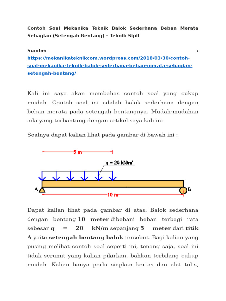 Contoh Soal Mekanika Teknik Balok Sederhana Beban Merata Sebagian | PDF