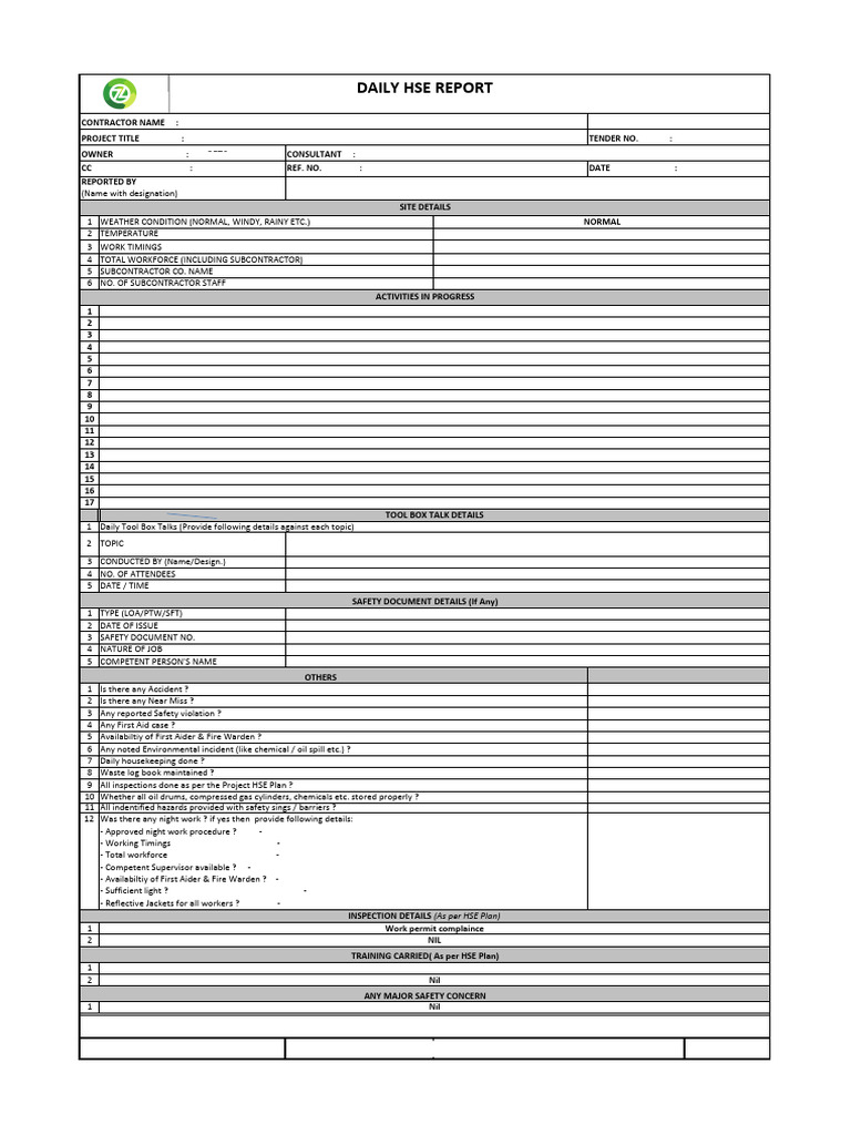 Daily HSE Report Template | PDF | Occupational Safety And Health | Safety