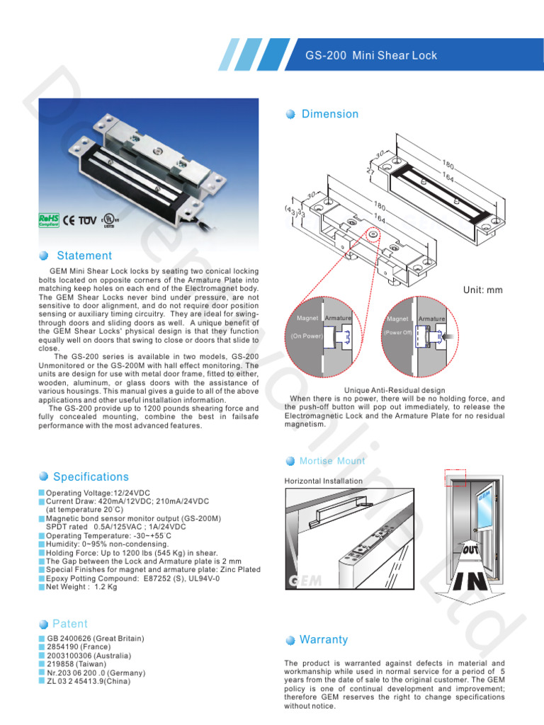 GS-200M Magnetic Lock Installation Guide | PDF | Door | Electrical ...