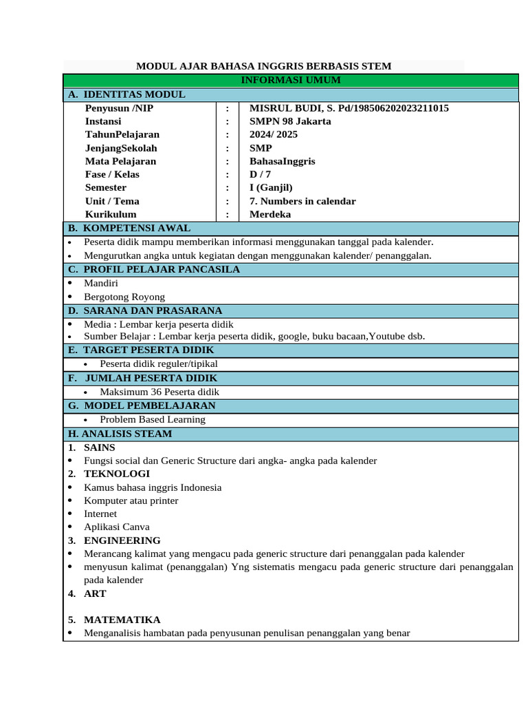 RPP Stem Sadariah S PD SD | PDF