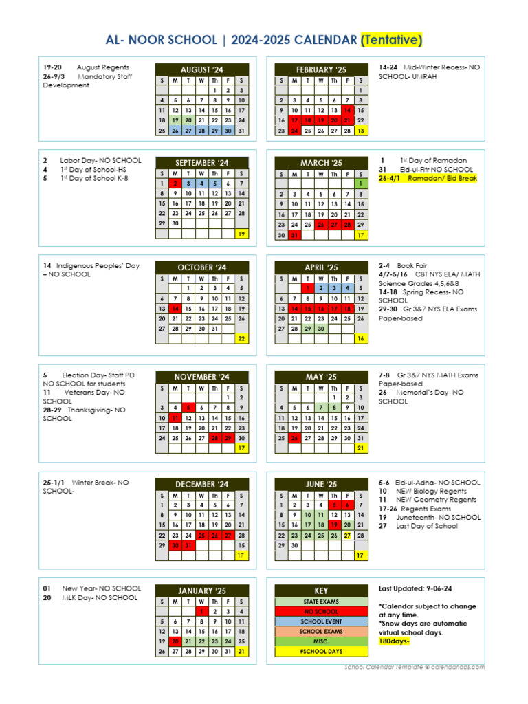 Al-Noor School Calendar 2024-2025 | PDF | Religious Holidays ...