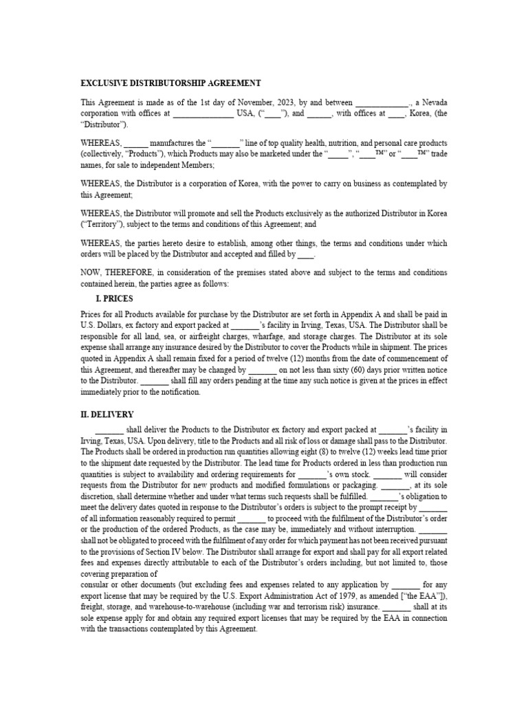 Exclusive Distributorship Agreement Korea | PDF | Indemnity | Arbitration