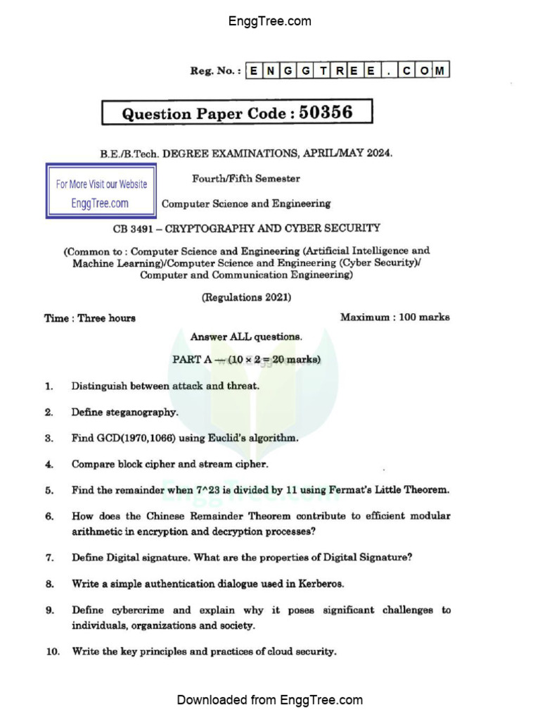 CB3491 Cryptography and Cyber Security Apr May 2024 Question Paper ...