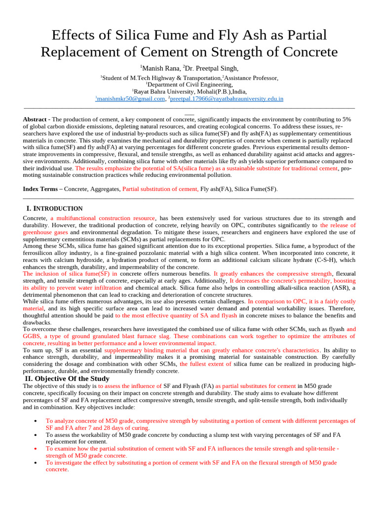 Research of Effects of Silica Fume and Fly Ash | PDF | Concrete | Cement
