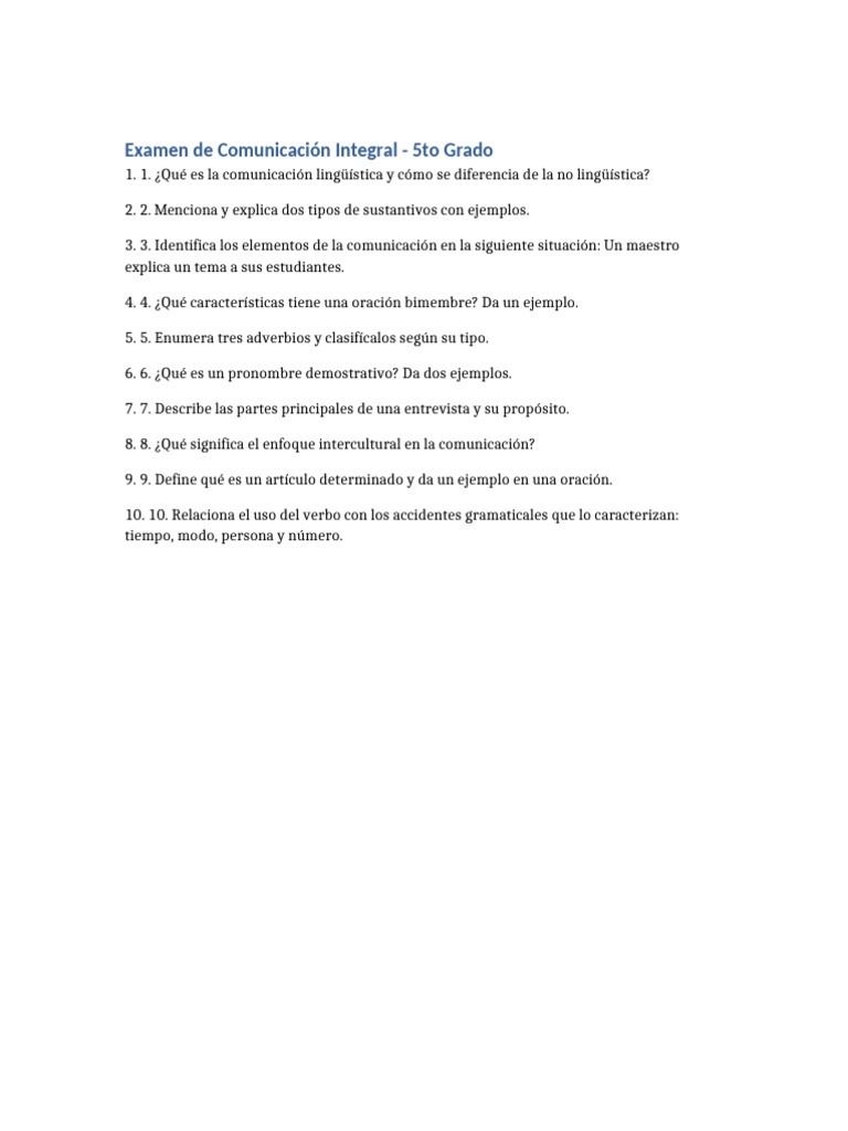 Examen Comunicacion 5to Grado | PDF