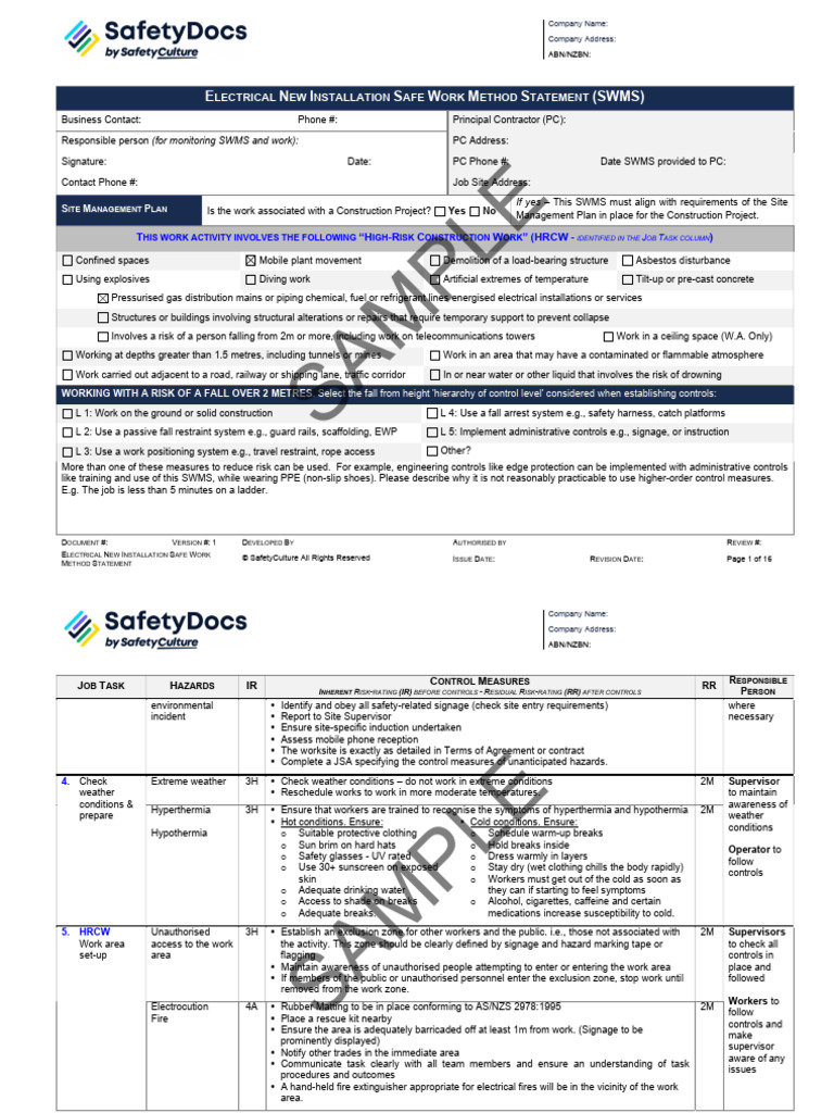 Electrical New Installation Safe Work Method Statement-SAMPLE | PDF ...