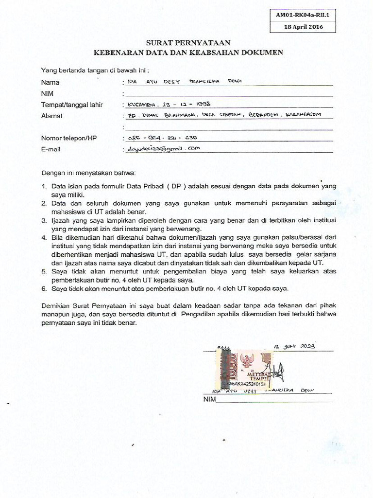 Surat Keabsahan Dokumen | PDF