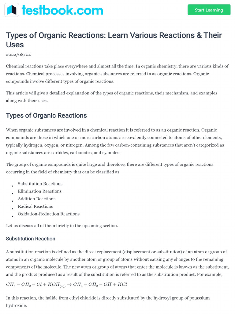 Chemistry Types of Organic Reactions 91b07cfc | PDF