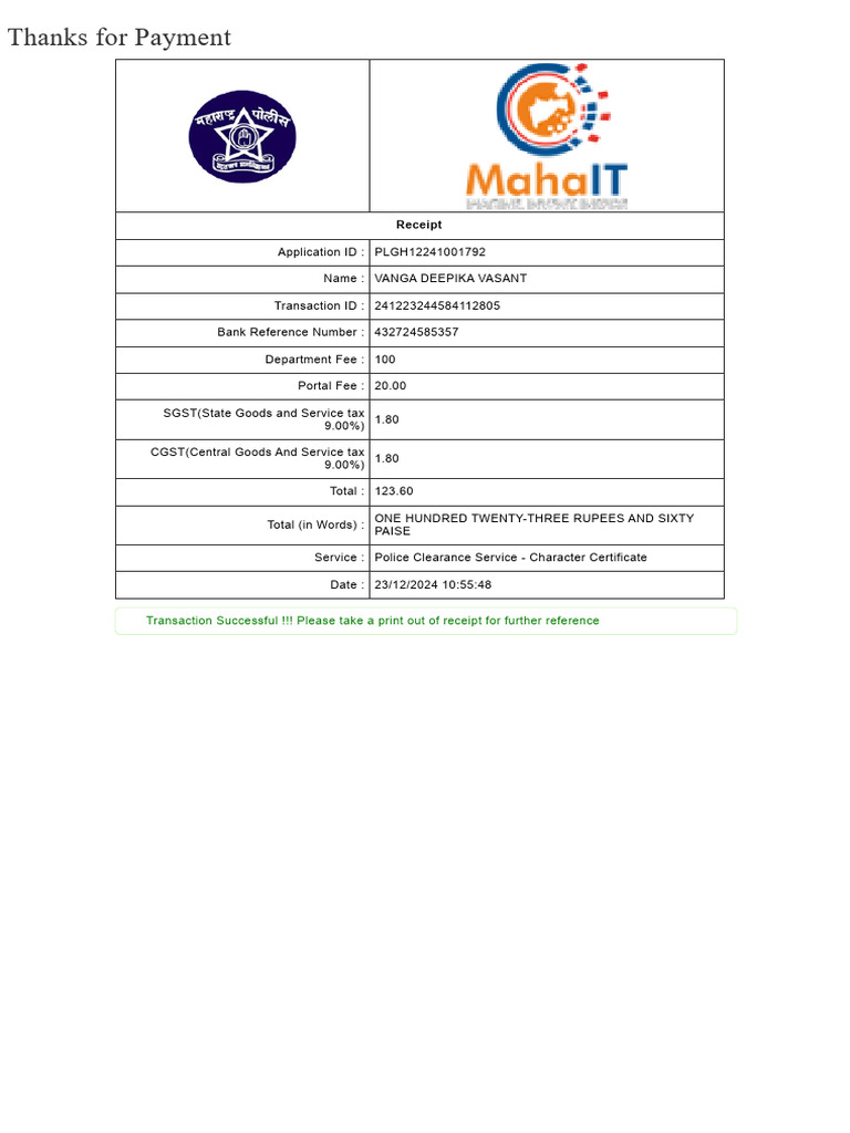 Police Clearance Service Receipt | PDF