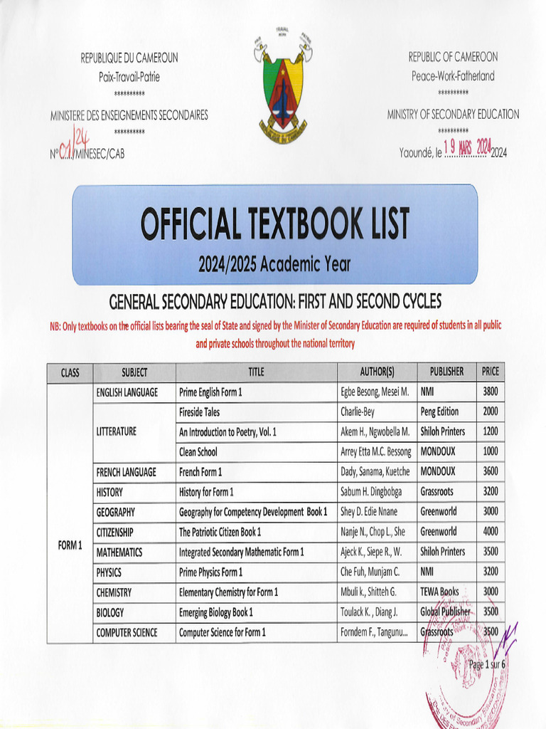 Official Textbook List 2024/2025 Cameroon | PDF | Science