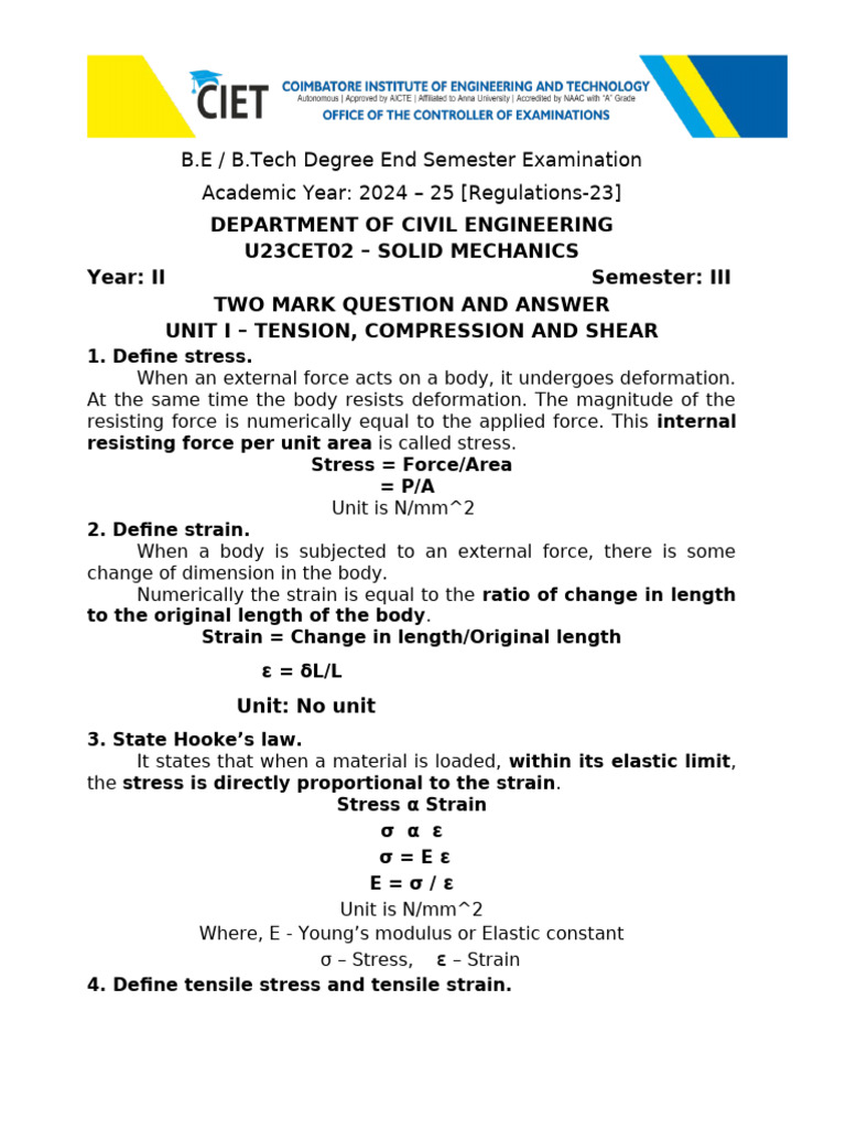 Unit I - Two marks | PDF | Deformation (Engineering) | Young's Modulus