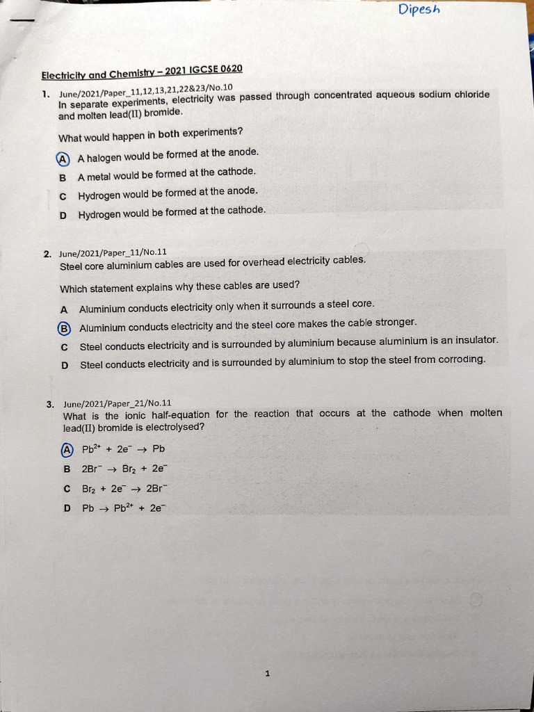 IGCSE 2021 Electricity and Chemistry Exam | PDF | Scientific Phenomena ...