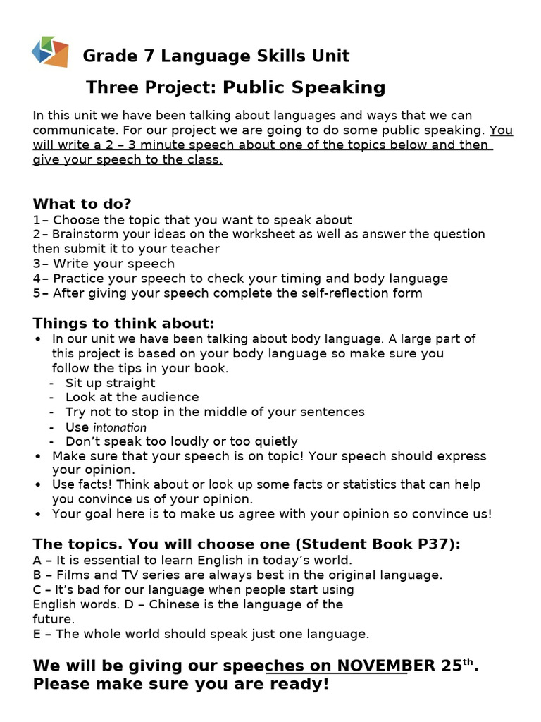 Grade 7 Public Speaking Project Guide | PDF | Speech | Public Speaking