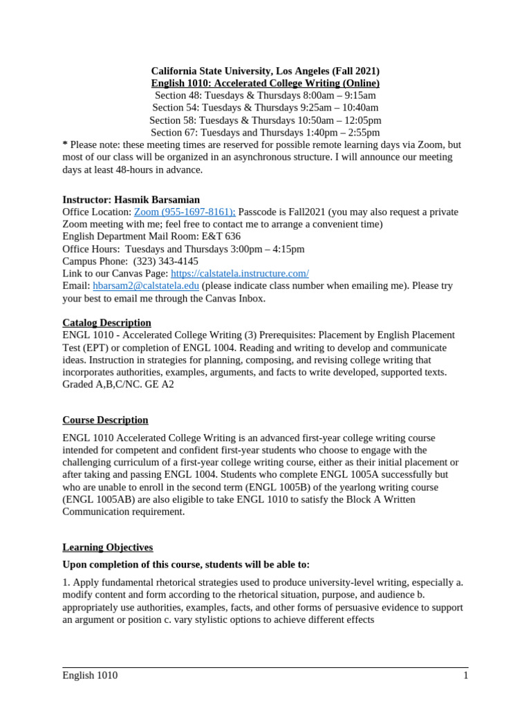 CSU LA English 1010 Course Overview | PDF | Comma | Academic Dishonesty