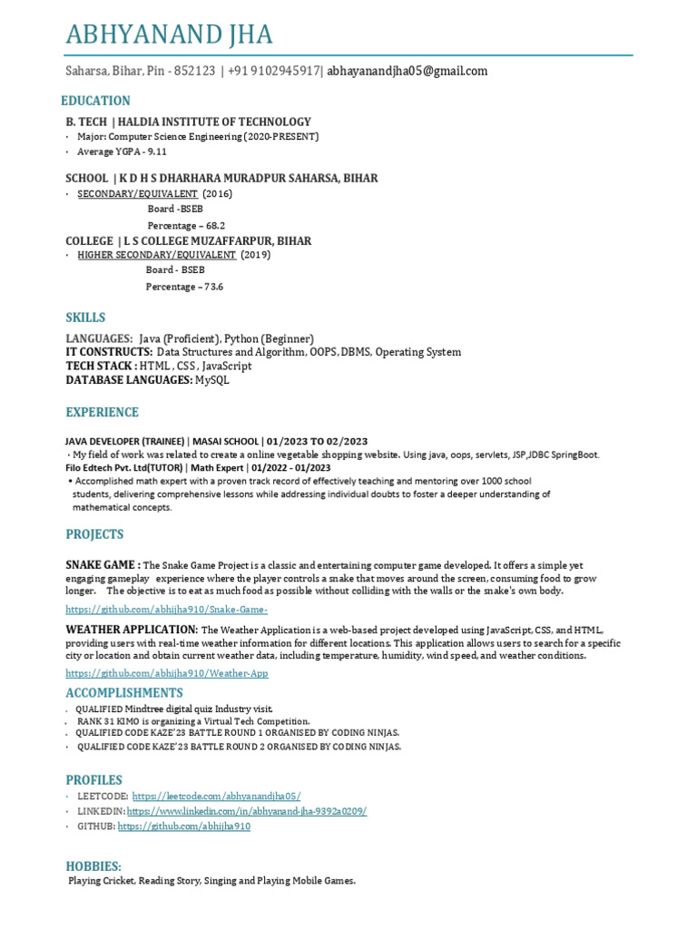 Computer Science Student Resume | PDF | Java (Programming Language ...