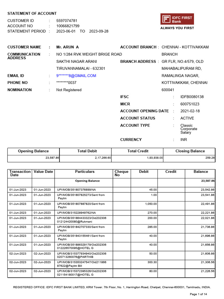 Account Statement: Jun-Sep 2023 | PDF | Debits And Credits | Banks