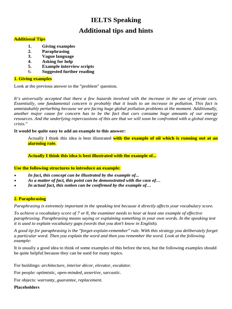 IELTS SPEAKING Additional Tips and Hints | PDF | Question | Linguistics