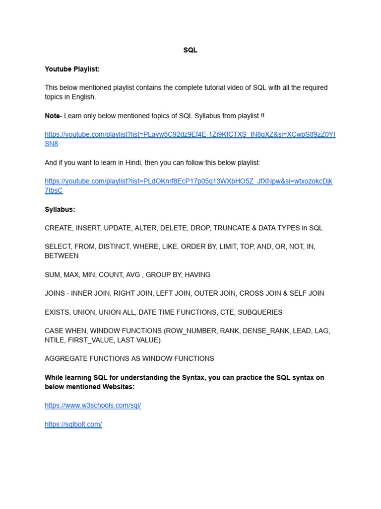 Comprehensive SQL Tutorial Playlist | PDF